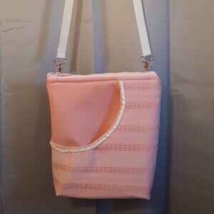 New Travel Sling bag Pink Pebbled faux leather and Lace fabric Rose gold hardwar